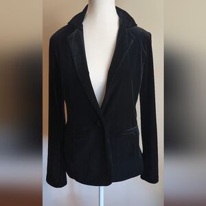 Tahari Black Stretch Velvet Blazer Jacket Women Size M Covered Buttons Pockets